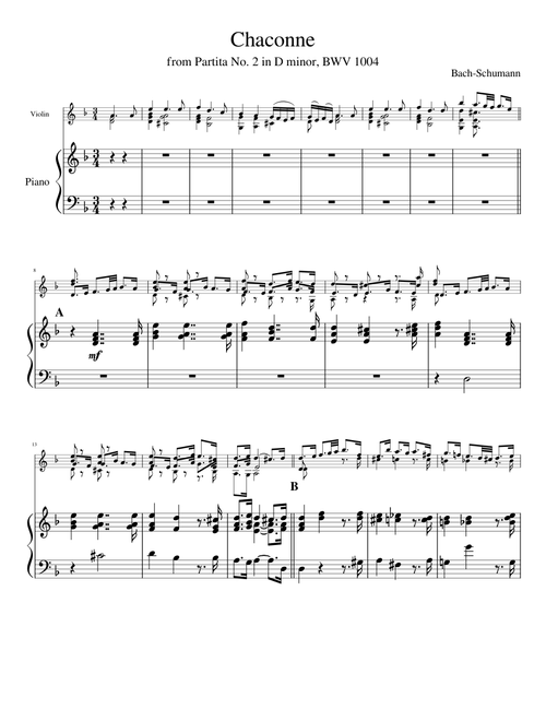 Ciaccona (Chaconne) from Partita No. 2 BWV 1004 by Bach-Schumann for Violin and Piano