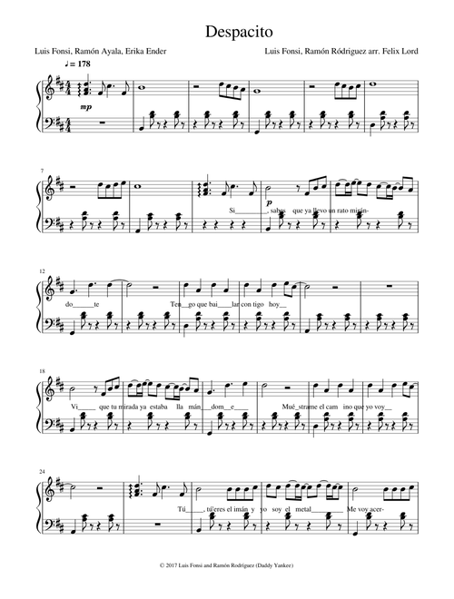 Despacito - Easy Piano - Lyrics- LUIS FONSI, DADDY YANKEE, RAMÓN AYALA, ERIKA ENDER