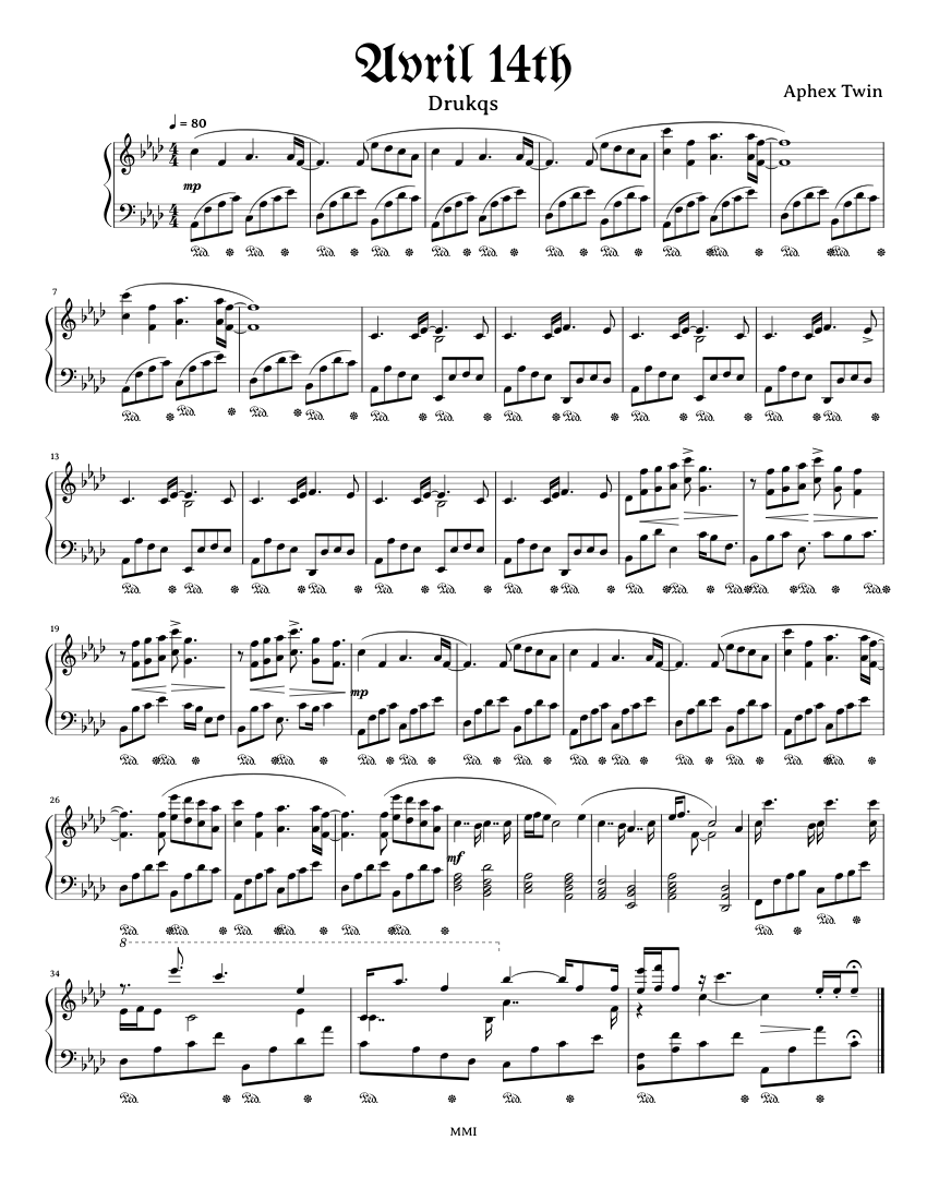 "Avril 14th" Aphex Twin Sheet music for Piano (Solo)