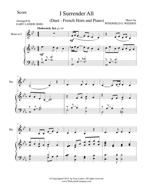 I SURRENDER ALL (Duet – French Horn and Piano/Score and Parts) (Arr. Gary Lanier) - WINDFIELD S WEEDEN (Instrumental Duet)