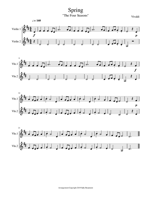 Spring - The Four Seasons - Easy Violin Duet (Arr. Sally Beaumont) - Vivaldi (Violin Duet)