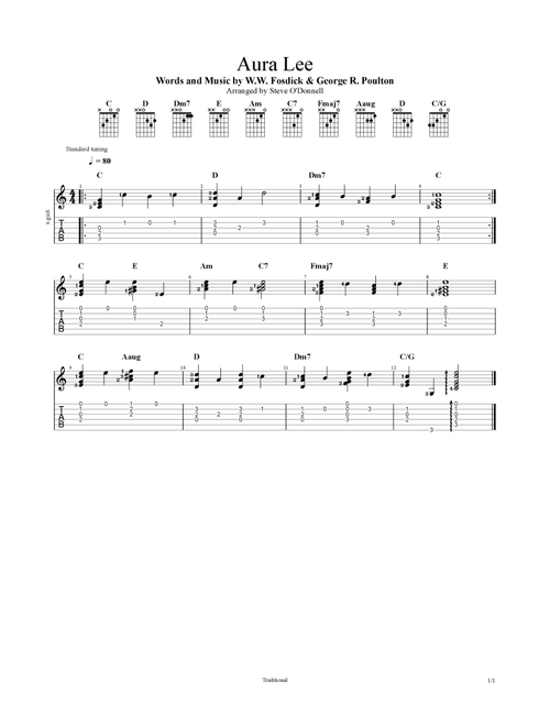 Aura Lee (Arr. Steve O'Donnell) - Traditional (Easy Guitar with TAB)