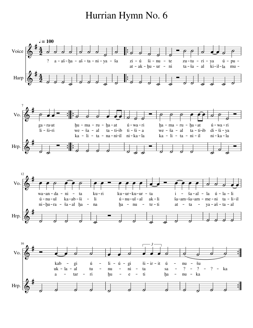 Hurrian Hymn No. 6 Sheet music for Vocals, Harp (Mixed Duet