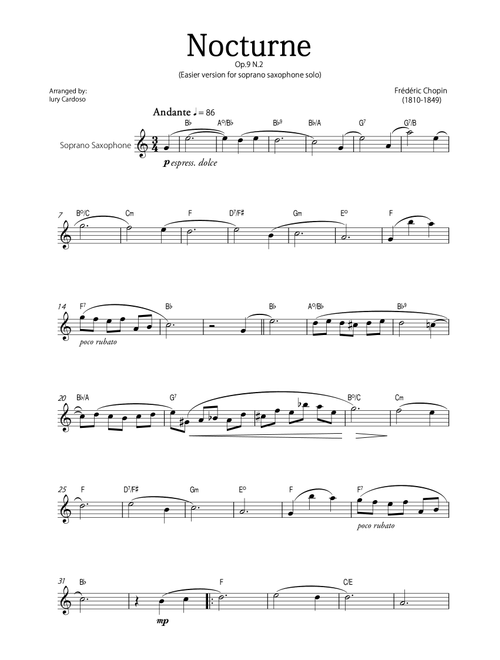 "Nocturne" (Chopin) - Beautiful EASY version for SOPRANO SAXOPHONE SOLO. (Arr. Iury Cardoso) - Frédéric Chopin (Soprano Sax Solo)