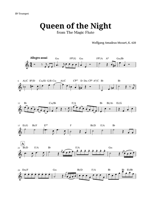 Queen of the Night by Mozart for Trumpet with Chords (Arr. Langanho) (Trumpet Solo)