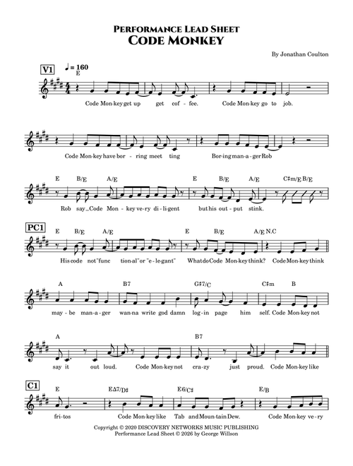 Code Monkey (Arr. George Willson) - Jonathan Coulton (Lead Sheet - Fake Book)
