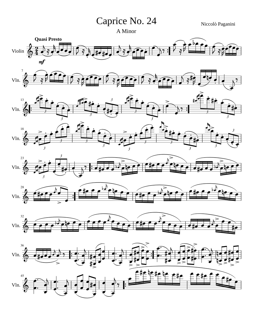 Caprice No. 24 with Left Hand Pizzicato Playback Sheet Music for