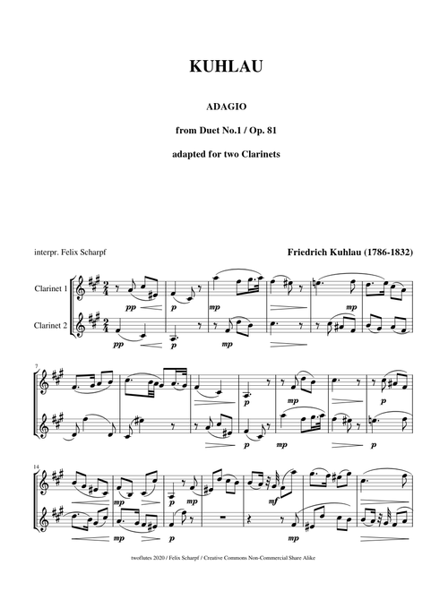 Kuhlau, Friedrich - Adagio from Duo No. 1, Op. 81 for two Clarinets