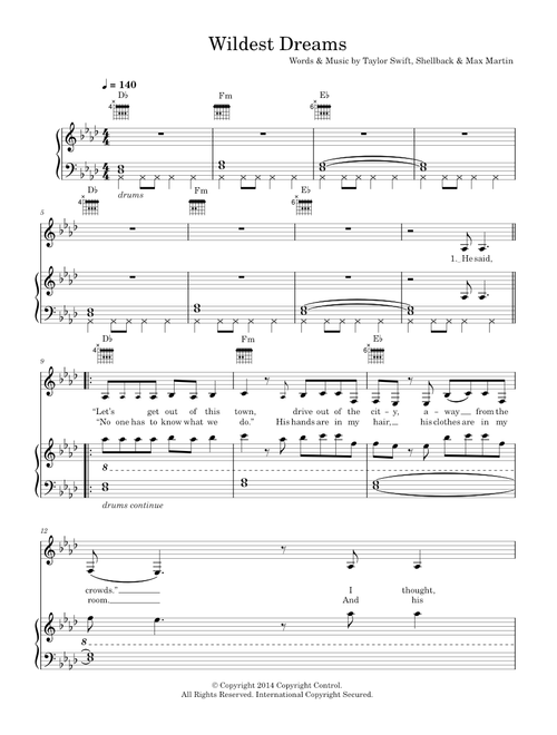 Wildest Dreams - Taylor Swift (Piano-Vocal-Guitar (Piano Accompaniment))