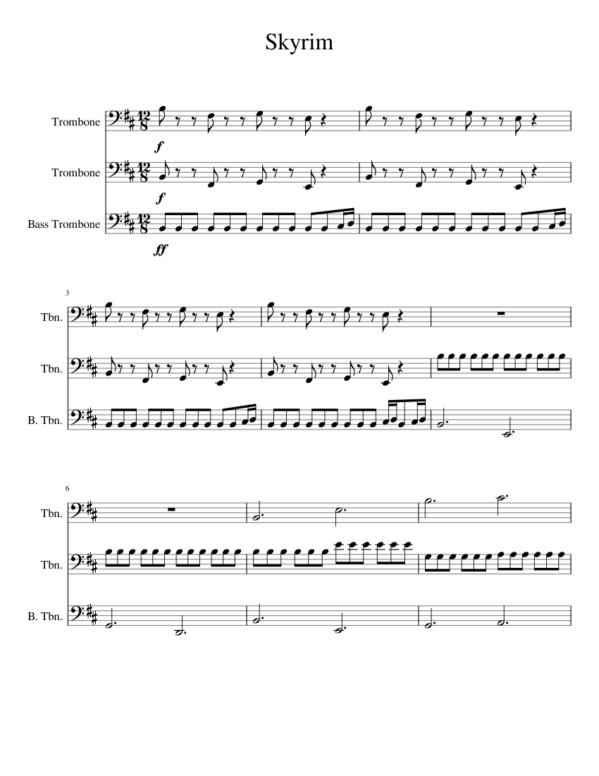 Skyrim Main Theme Sheet music for Trombone, Trombone bass (Mixed Trio ...
