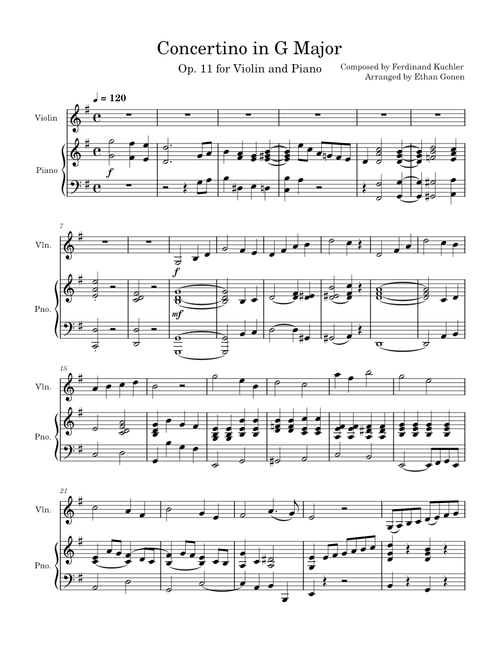 Concertino in G Major Op. 11 (Violin/Piano duet) by Kuchler
