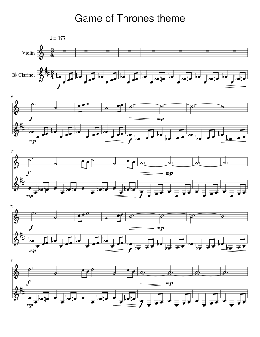 Game of Thrones Duet Sheet music for in bflat, Violin (Woodwind Duet)