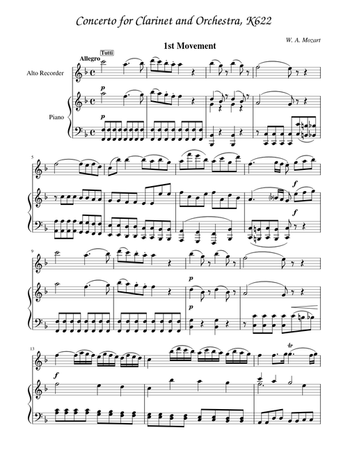 Concerto for Clarinet and Orchestra, K622 (full) - Mozart (Alto Recorder)