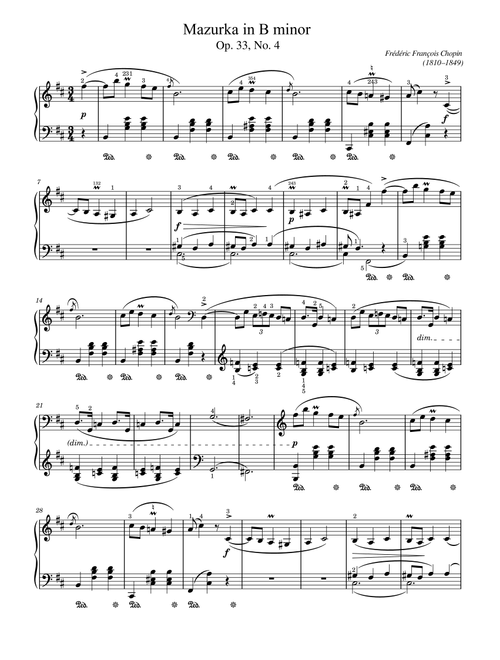 Chopin - Mazurka No.25 In B Minor Op.33 No.4:Mesto - Original With Fingering For Piano Solo (Arr. poon) - Frédéric François Chopin (Piano Solo)