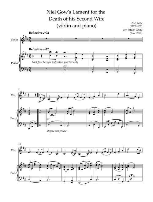Niel Gow's Lament for violin and piano (Arr. Jordan Grigg) (Violin and Piano)