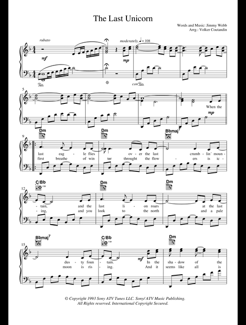 The Last Unicorn (main Theme) (Arr. Volker Coutandin) - Jimmy Webb (Piano-Vocal-Guitar (Piano Accompaniment))