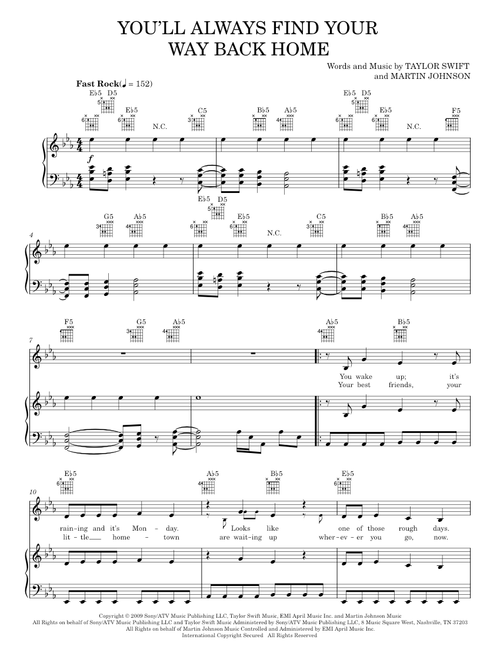 You'll Always Find Your Way Back Home - Hannah Montana, Hannah Montana Movie, Miley Cyrus, Taylor Sw (Piano-Vocal-Guitar)