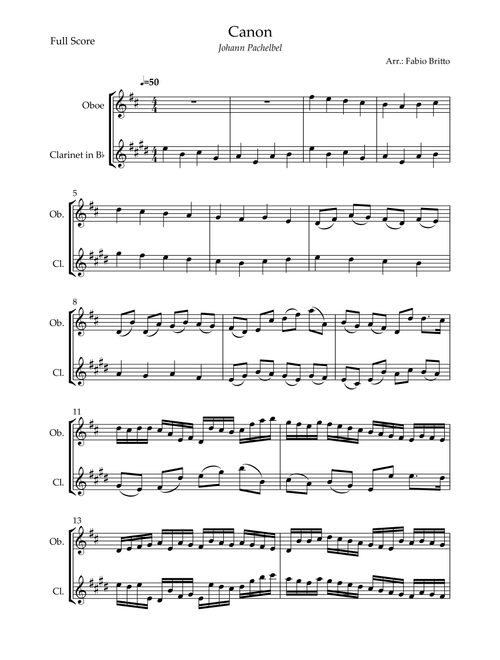 Canon - Johann Pachelbel (Wedding/Reduced Version) for Oboe & Clarinet in Bb Duo (Arr. Fabio Britto) (Instrumental Duet)