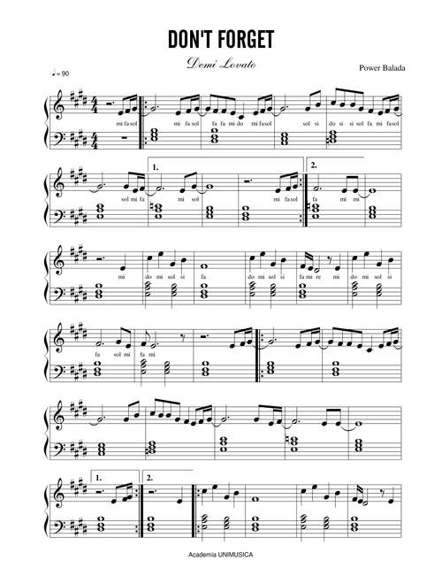 Don't Forget (Arr. Unimusic Academy (Academia Unimusica)) - Demi Lovato (Piano Solo)