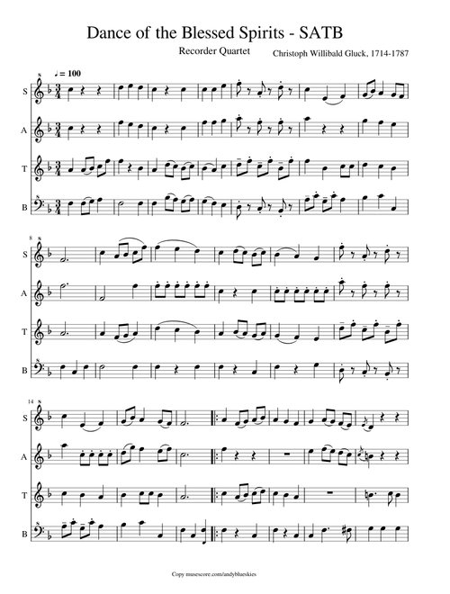 Dance of the Blessed Spirits - Recorder Quartet SATB