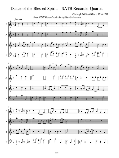 Dance of the Blessed Spirits - Recorder Quartet SATB