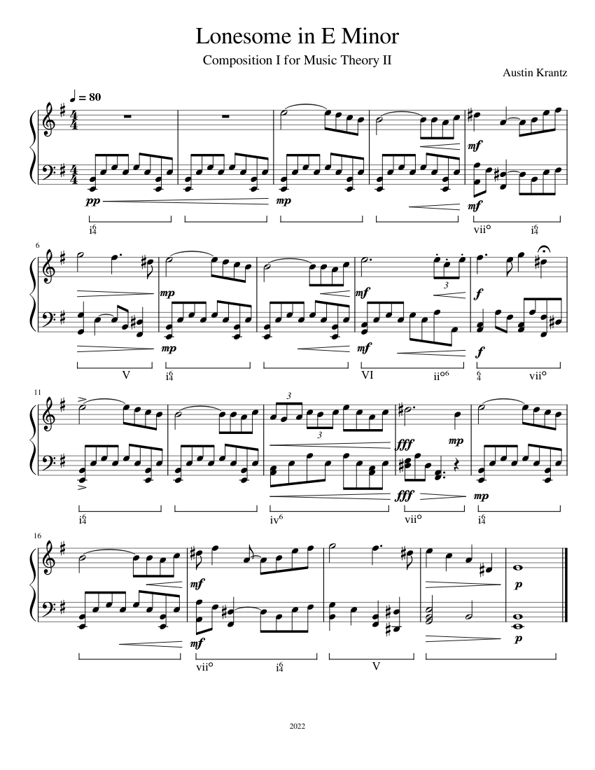 Lonesome in E Minor Sheet Music with Chords for Piano (Solo) easy ...