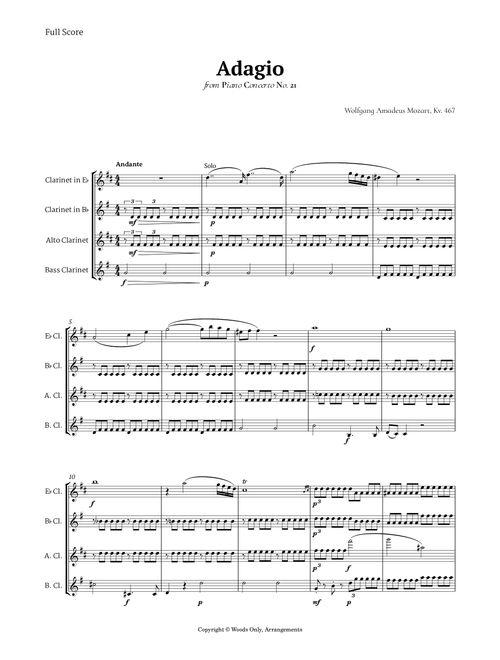 Andante from Piano Concerto No. 21 by Mozart for Clarinet Ensemble (Arr. Ander) (Woodwind Ensemble)