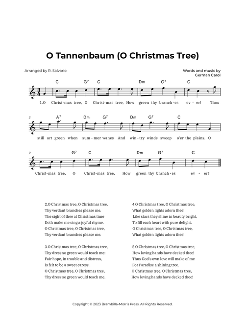 O Tannenbaum (O Christmas Tree) - Key of C Major (Arr. R. Salvario) - German Carol (Lead Sheet - Fake Book)