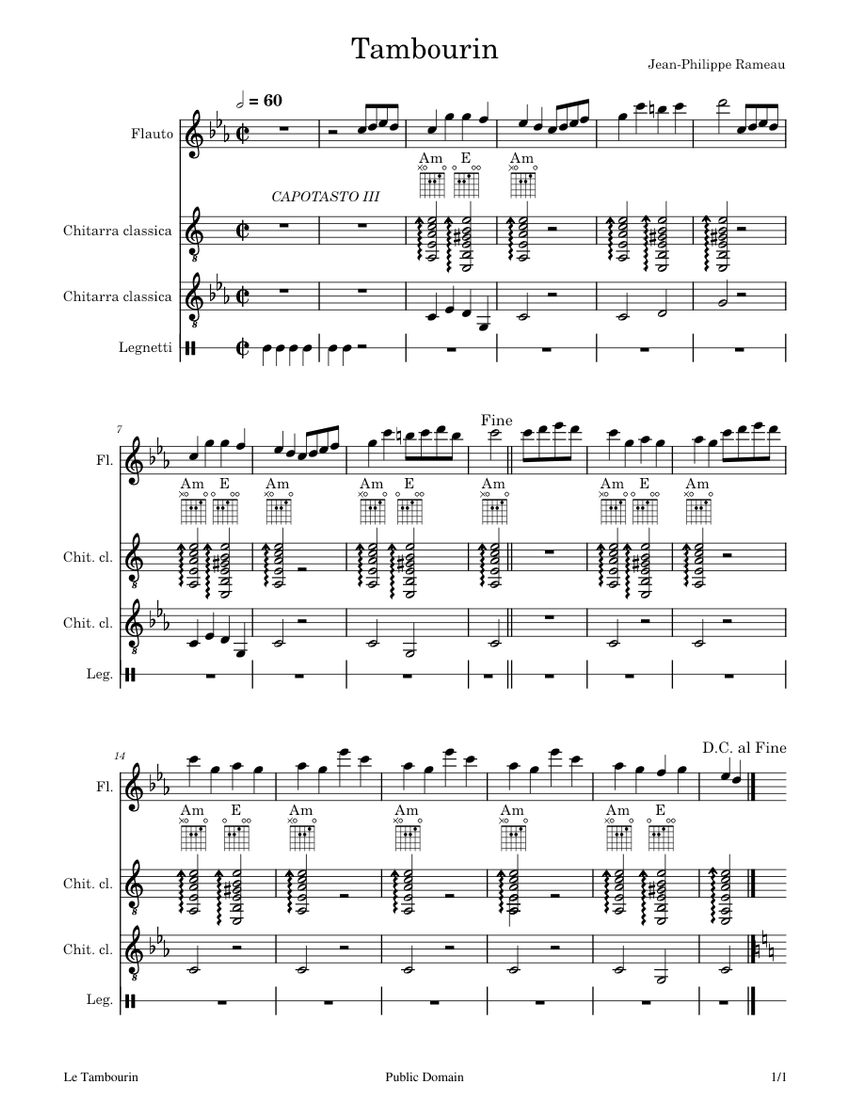 Tambourin_JeanPhilippe_Rameau Sheet music for Flute, Guitar, Claves
