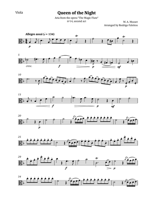 Queen of the Night - for solo viola (Arr. Rodrigo Faleiros) - Mozart, W A Mozart (Viola Solo)