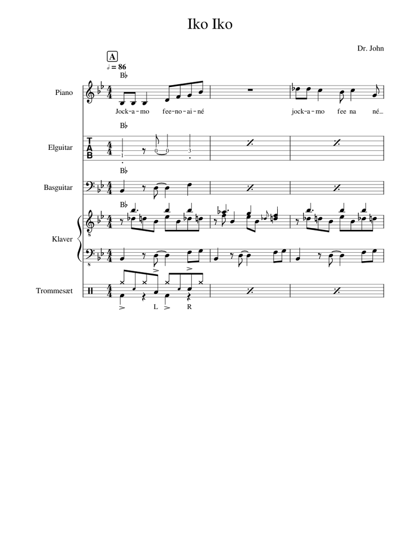 Iko Iko Sheet music for Piano, Guitar, Bass guitar, Drum