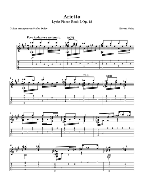 Arietta, Lyric Pieces Book 1, Op. 12, guitar arrangement (Arr. Stefan Dulov) - Edvard Grieg (Guitar Tab)