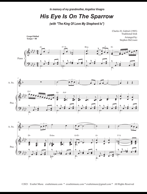 His Eye Is On The Sparrow (with "The King Of Love My Shepherd Is") (Alto Saxophone and Piano) (Arr. Stephen DeCesare) - Traditional Charles Gabriel (Alto Sax and Piano)