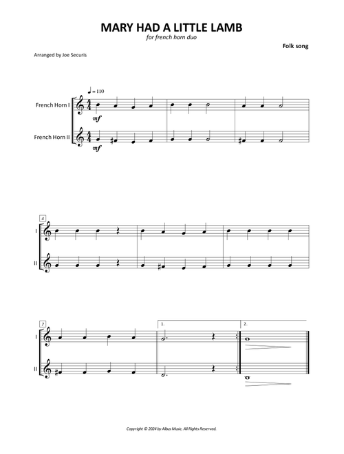 Mary Had A Little Lamb (Arr. Joe Securis) - Folk Song (French Horn Duet)
