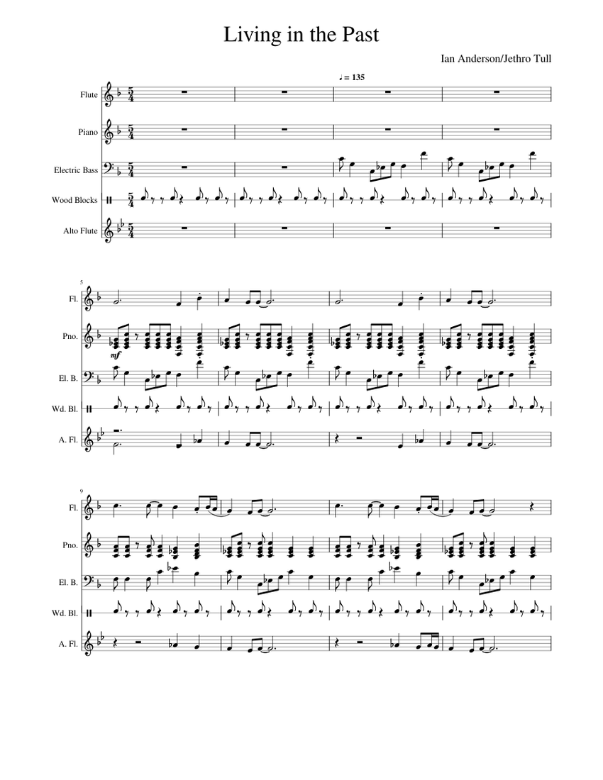 Living in the Past Sheet Music for Piano, Flute, Bass guitar, Flute ...