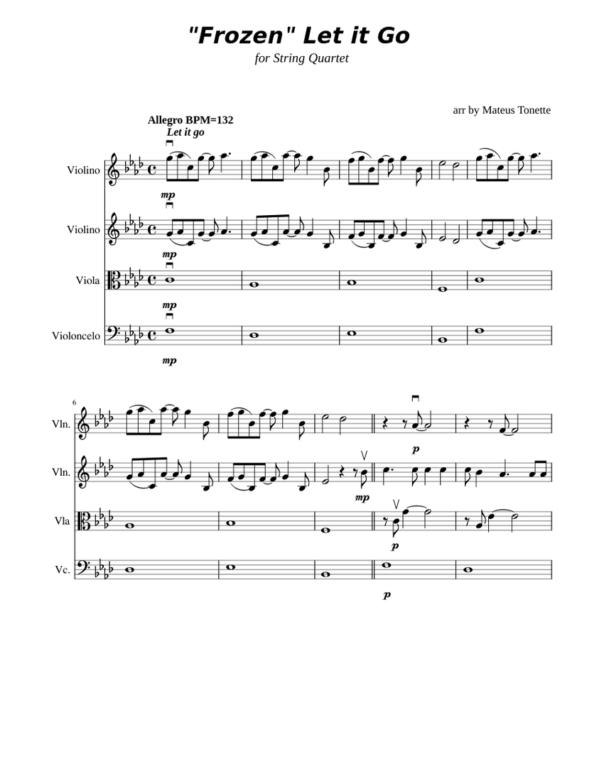 Let it Go Frozen Quarteto de Cordas string Quartet Mateus Sheet music for Violin