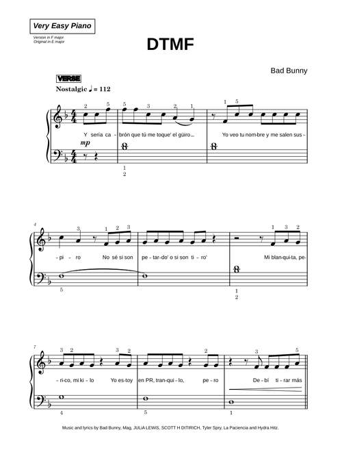 DtMF - Bad Bunny (Very Easy Piano)