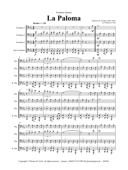 La Paloma - Spanish Habanera - Trombone Quartet (Arr. Thomas H. Graf) - Sebastina de Yvradier (1809–1865) (Brass Ensemble)