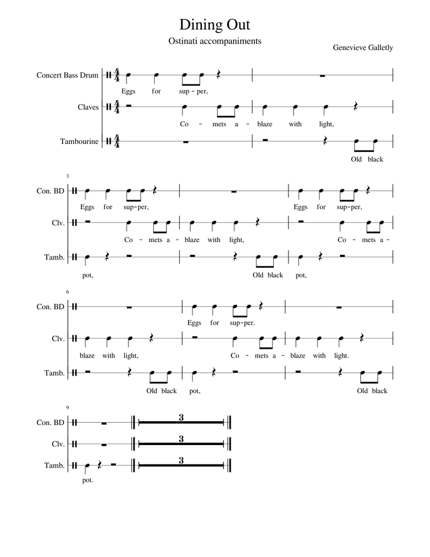 Dining_Out - Ostinato for untuned percussion Sheet music for Tambourine ...