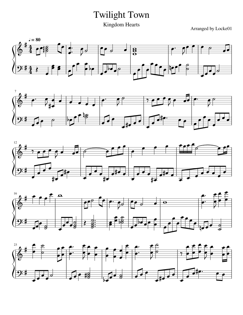 Twilight Town - Kingdom Hearts Sheet Music for Piano (Solo