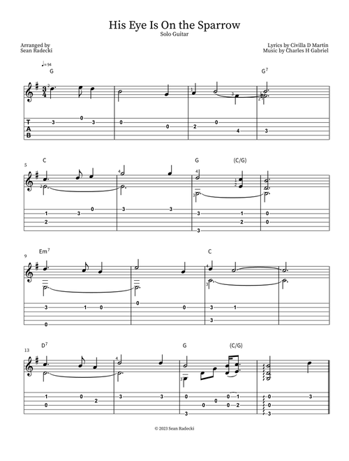 His Eye Is On the Sparrow (Arr. Sean Radecki) - Civilla D Martin, Charles H Gabriel (Guitar Tab)