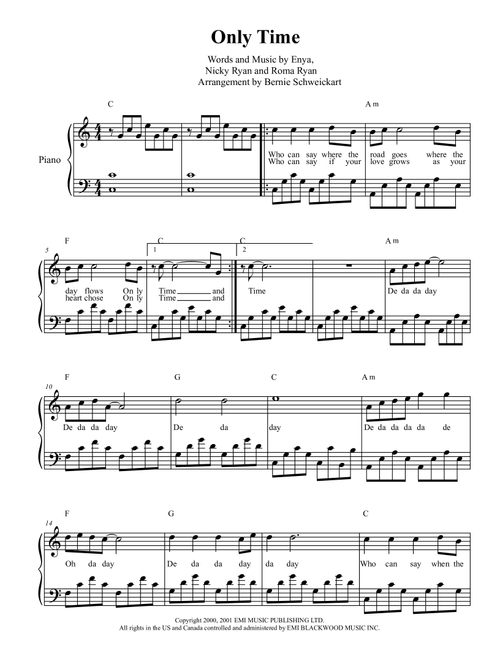 Only Time (Arr. Bernie Schweickart) - Enya (Piano-Vocal-Guitar (Piano Accompaniment))