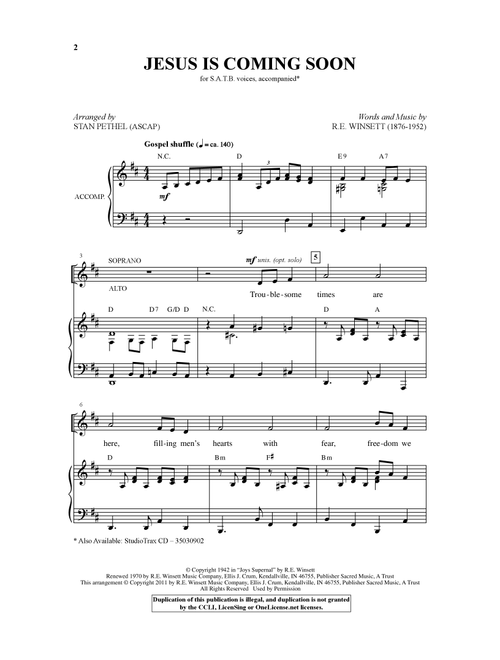 Jesus Is Coming Soon (Arr. Stan Pethel) - RE Winsett (Choral, SATB)