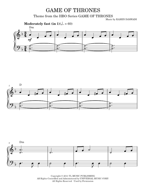 Game Of Thrones - Main Title - Game Of Thrones TV Series, Ramin Djawadi (Easy Piano)
