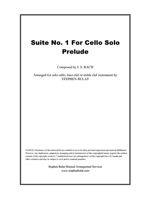 Cello Suite No 1 in G - Prelude (Bach) - arranged for solo cello, bass clef or treble clef instrumen (Arr. Stephen Bulat) - J. S. Bach (Large Ensemble)