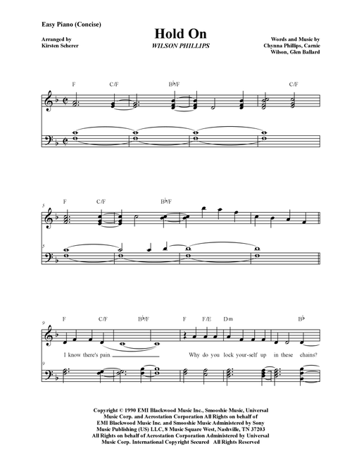 Hold On (Arr. Kirsten Scherer) - Wilson Phillips (Easy Piano)