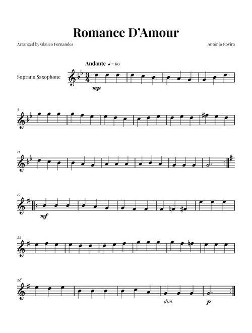 Spanish Romance (Romanza - Romance D'Amor) (Arr. Glauco Fernandes) - Traditional (Soprano Sax Solo)