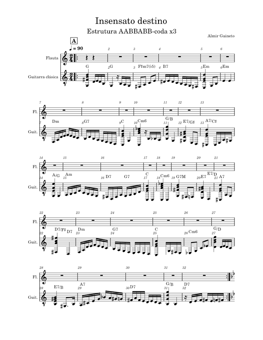 G insensato destino sheet music for flute guitar mixed duet