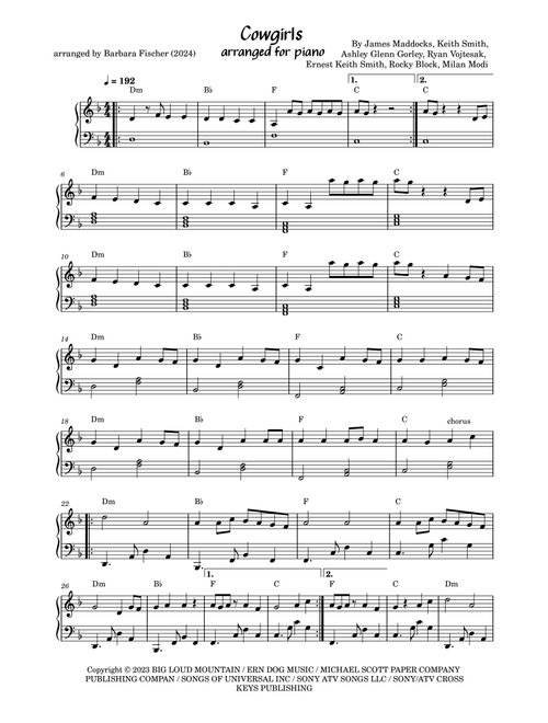 Cowgirls (Arr. Barbara Fischer) - Morgan Wallen Feat. Ernest (Piano Solo)