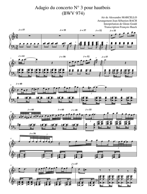 Bach Adagio Marcello BWV974 by Glenn Gould for playing